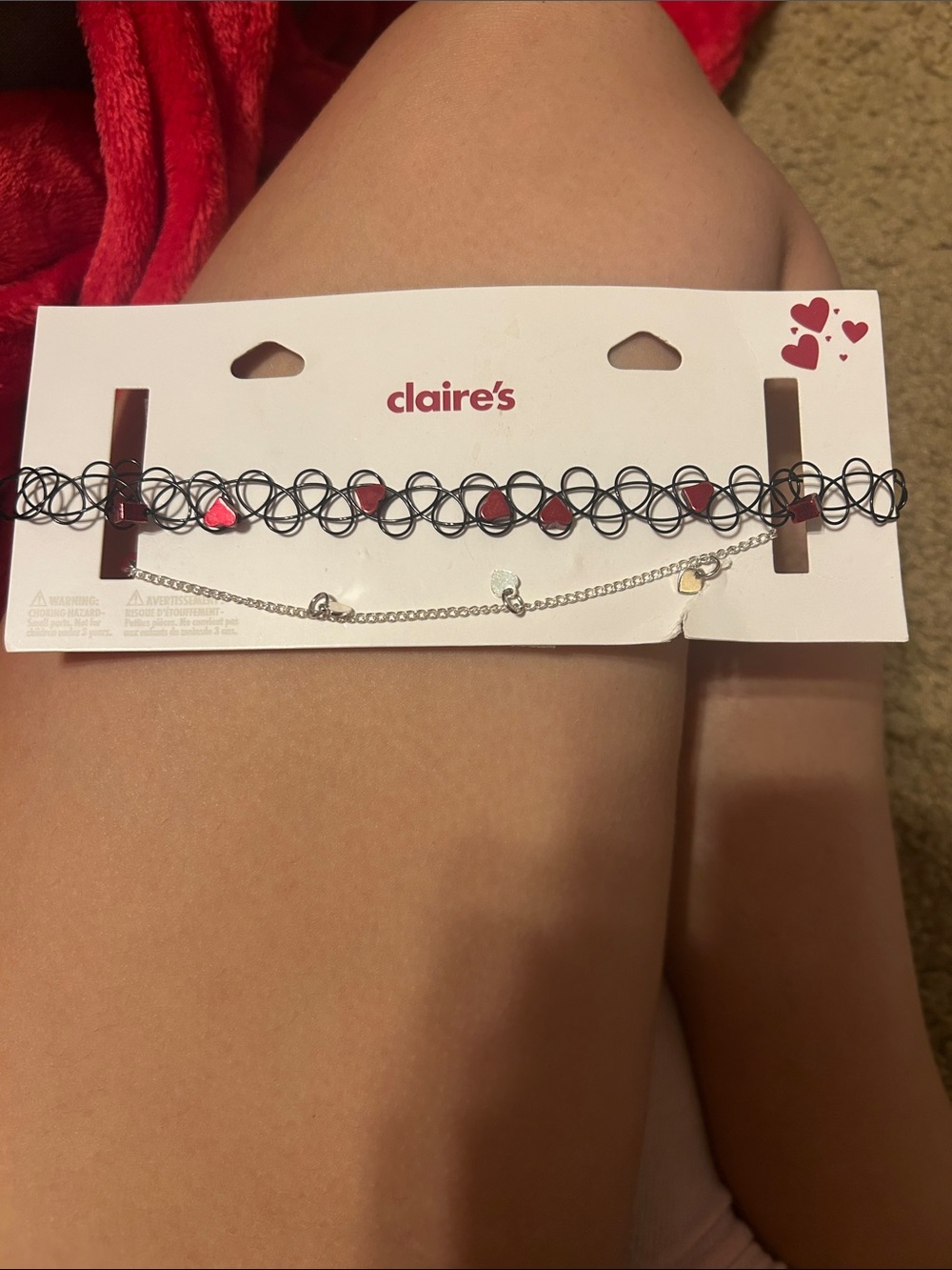Claire's Black Tattoo Choker with Red Heart Charms and Silver Chain